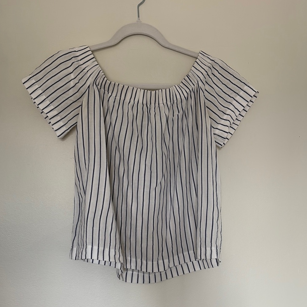 Stradivarius Blue and White Off Shoulder Blouse